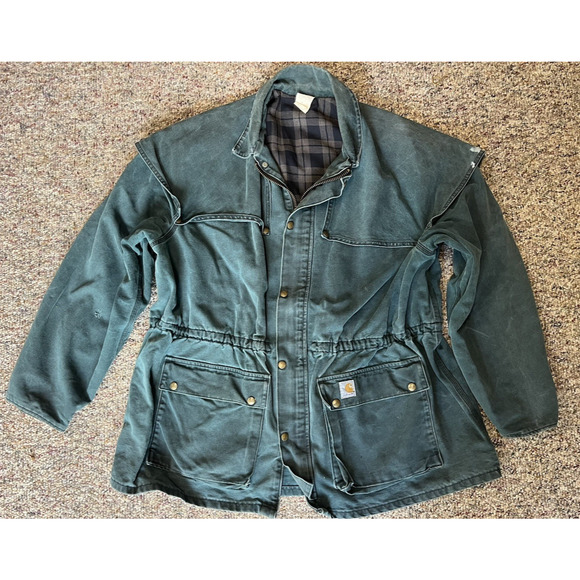 VTG Carhartt Chore Jacket Mens XXL Green Blanket Lined CW043 Cape Duster 90s USA - Picture 1 of 11